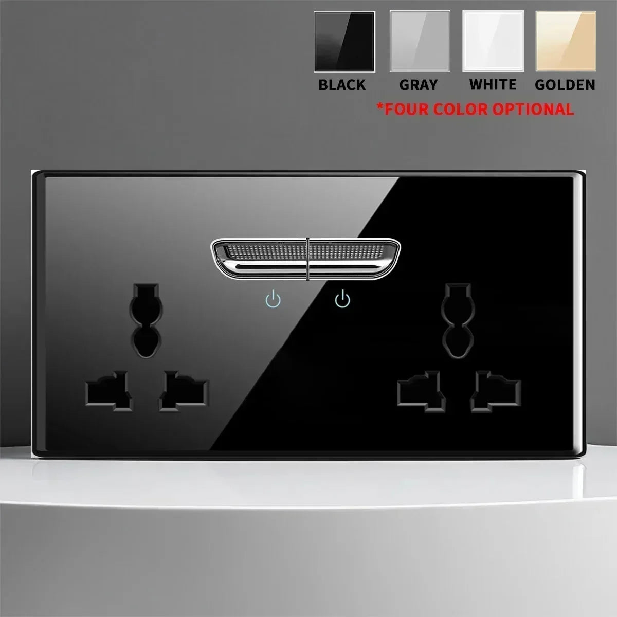 Black Tempered Glass Switch Socket with Indicator Light European British French Standard Self-Reset 1 2 3 4 Gang 16A 2Usb Socket