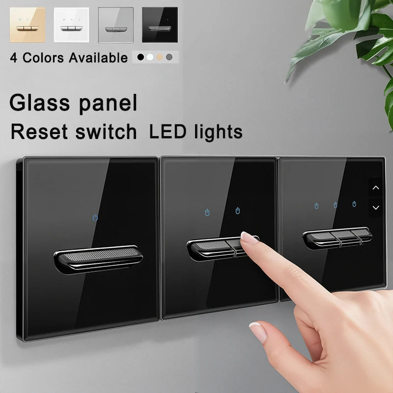 Black Tempered Glass Switch Socket with Indicator Light European British French Standard Self-Reset 1 2 3 4 Gang 16A 2Usb Socket