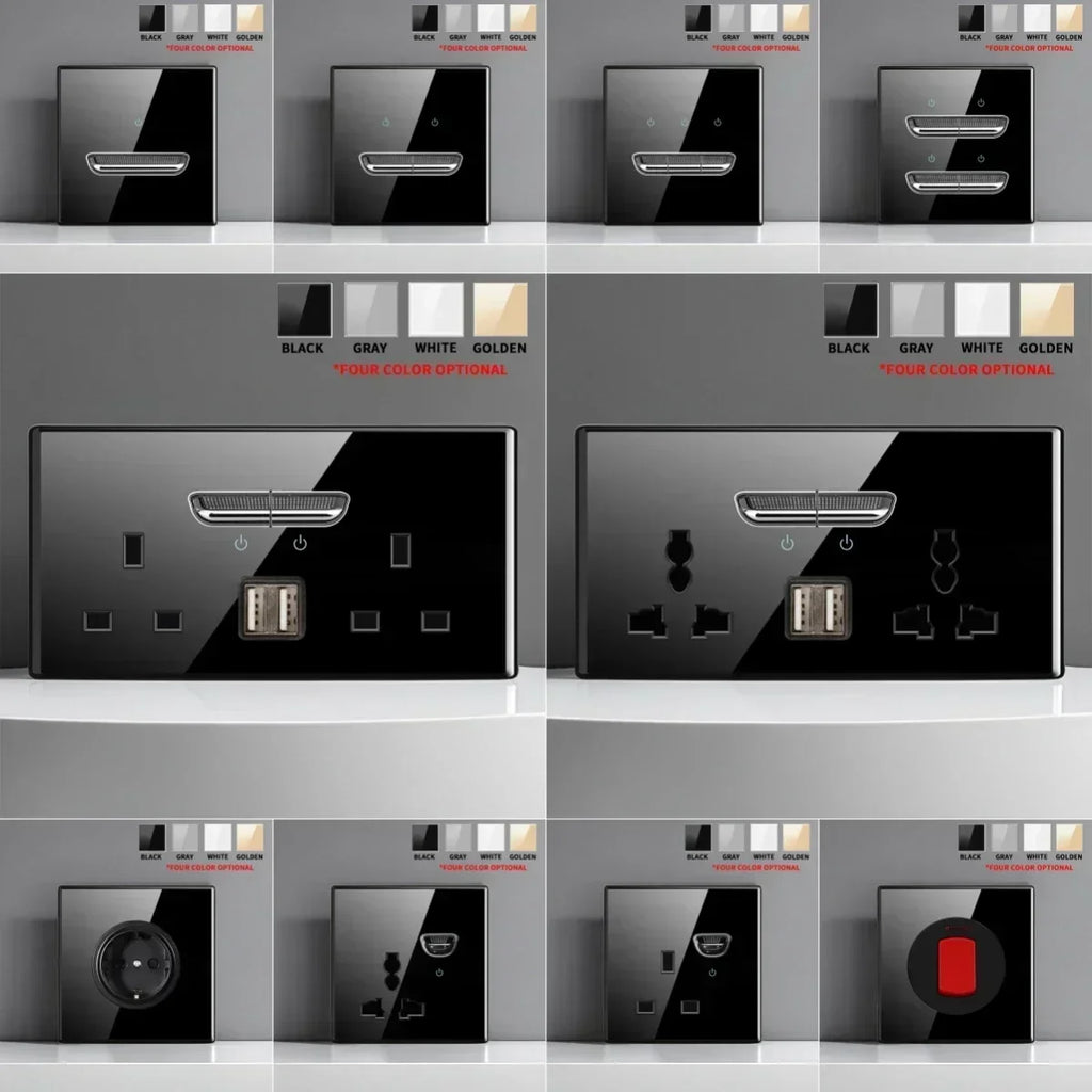 Black Tempered Glass Switch Socket with Indicator Light European British French Standard Self-Reset 1 2 3 4 Gang 16A 2Usb Socket