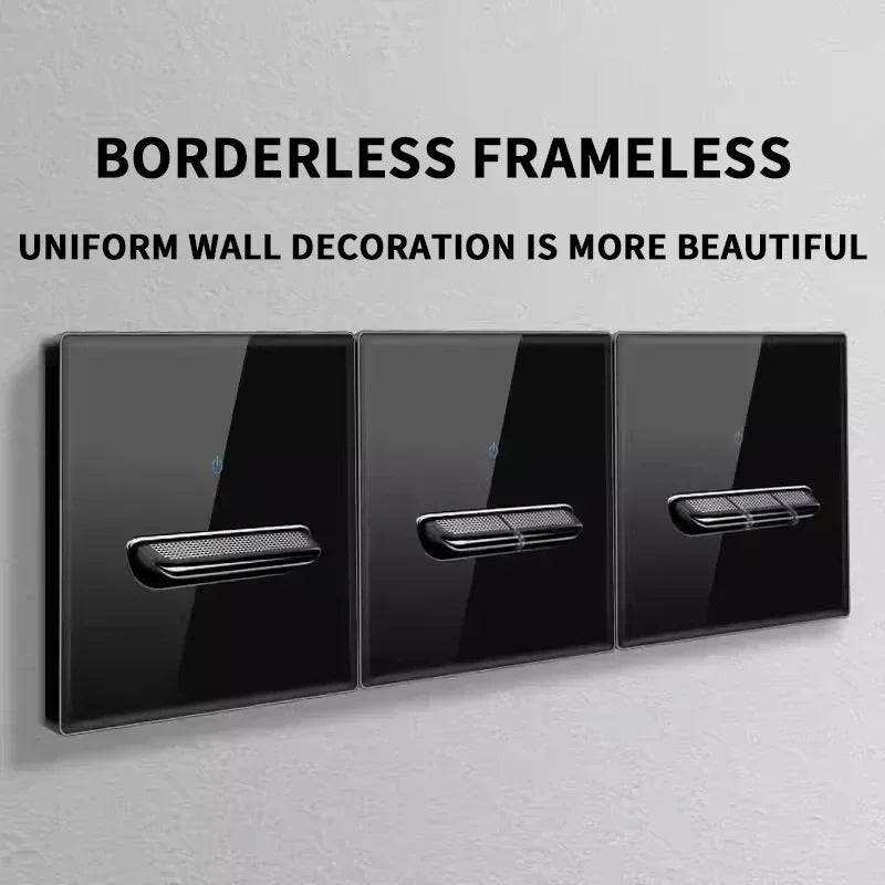 Black Tempered Glass Switch Socket with Indicator Light European British French Standard Self-Reset 1 2 3 4 Gang 16A 2Usb Socket